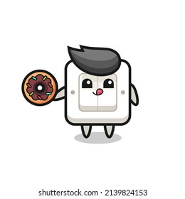 ilustración de un personaje de interruptor de luz comiendo una rosquilla , diseño de estilo lindo para camiseta, pegatina, elemento logotipo