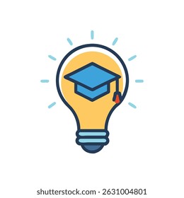 Una ilustración de una bombilla que contiene un gorro de graduación, que simboliza ideas educativas y aprendizaje innovador, sobre un fondo blanco.