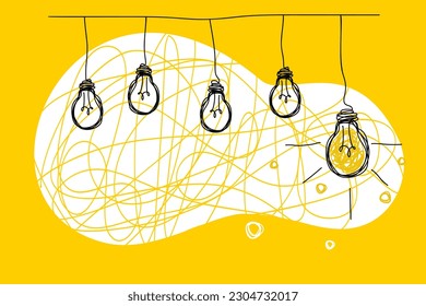 Ilustración de una lámpara colgando de un cable sobre un fondo amarillo. Concepto ideal de simplificar el complejo problema del proceso de negocios