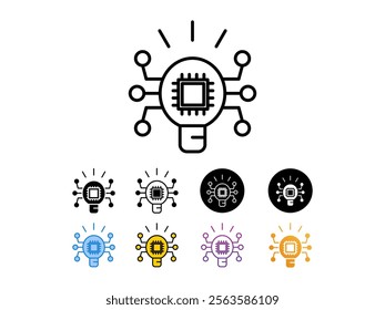 
 illustration lightbulb with a microchip,icon with 9 different styles,line, glyp,flat gradient etc.Perfect for innovation concept designs in tech industry.isolated on white background.	

