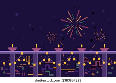 Illustration der beleuchteten Diya, Feuerwerk und Illustrationen. Konzept für das Diwali-Festival in Indien