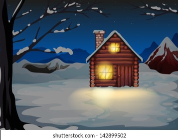 Illustration of a lighted log house at the snowy land