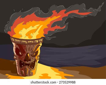 Illustration of a lighted Tiki themed Torch by the beach