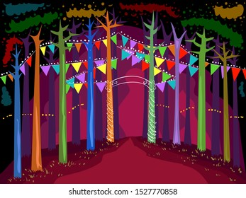 Illustration of Lighted Trees with Buntings as a Forest Festival Entrance
