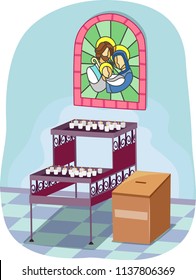 Illustration of Lighted Votive Candles Inside Church with Stained Glass and Donation Box