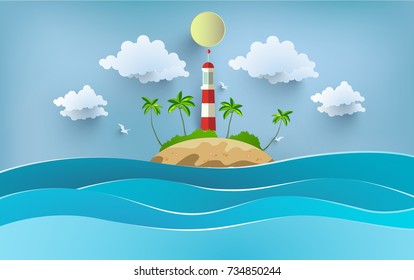 illustration of the lighthouse amid the ocean. design paper art 