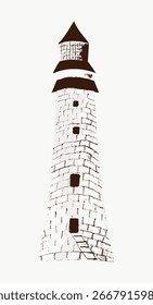 Illustration eines Leuchtturms. Leuchtturm mit Ziegelstruktur. Hoher Leuchtturm. Minimalistisches Leuchtturmdesign. Einfache Zeichnung. Vintage schwarz-weiße Illustration, Vektor.