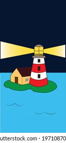 Illustration of a lighthouse in the darkness that shines, and signals ships where to sail.  A lighthouse and a cottage on a small desert island in the middle of the sea or ocean.