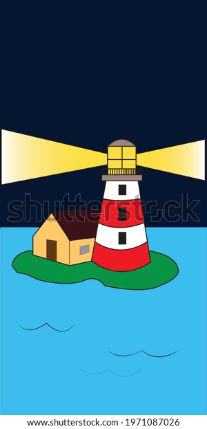 Illustration of a\
lighthouse in the darkness that shines, and signals ships where to\
sail.  A lighthouse and a cottage on a small desert island in the\
middle of the sea or\
ocean.