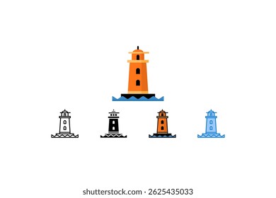 An illustration of a lighthouse icon set, showcasing navigational safety symbols, with diverse vector styles for a creative project or logo. This graphic is perfect for coastal tourism campaigns, educ