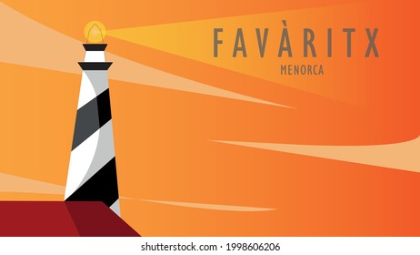 
Illustration of the Favàritx Lighthouse located in Menorca, Spain, during a sunset or sunrise. Light from the lighthouse illuminated the waters of the Mediterranean Sea.