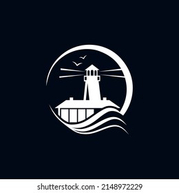 an illustration of a lighthouse logo blending with the waves