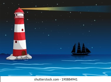 Ilustración de un faro en medio del océano