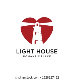 Illustration of lighthouse near the beach as a sign of land with heart frame logo design