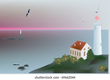 illustration with lighthouse near sea at sunset