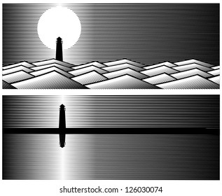 Illustration of a lighthouse at night