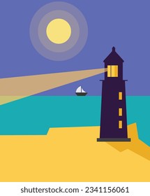 illustration of a lighthouse at night on the beach