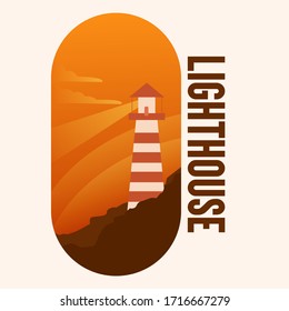 illustration of a lighthouse on the beach at sunset logo mascot, drawing art