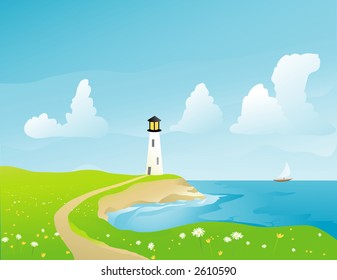 Illustration of a lighthouse on the coast in springtime