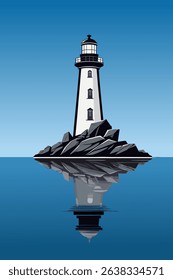 Illustration of a lighthouse on grey rocks, with the reflection on the water and a blue sky as a background.
