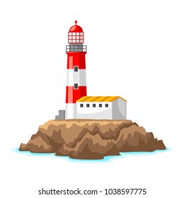 Illustration of lighthouse on rocky coast. Landscape with ocean and rocks. Travel background.