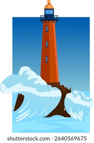 Illustration of a lighthouse on the sea or ocean shore. Color illustration. Vector illustration.