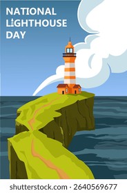 Illustration of a lighthouse on the sea or ocean shore. Color illustration. Vector illustration. Ideal for a banner, poster or postcard.