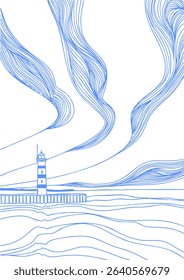 Illustration of a lighthouse on the sea or ocean shore. Monochrome illustration. Vector illustration.