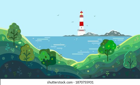 Illustration with the lighthouse on the sea shore, the view from the top of the mountains with green grass meadows and trees