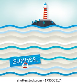 The illustration of lighthouse on the seascape. Vector image.