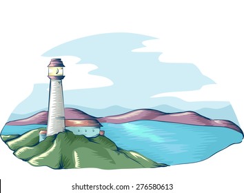 Illustration of a Lighthouse Overlooking the Sea