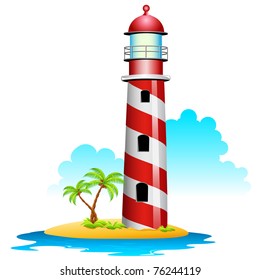 illustration of lighthouse with palm tree on island
