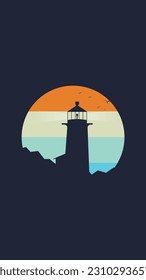 illustration of lighthouse shape in the circle on the dark blue background