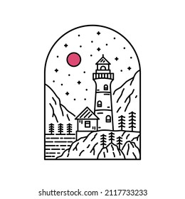 illustration of lighthouse and sky with star in mono line art - outline
