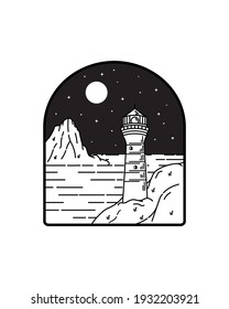 illustration of lighthouse and sky with stars in mono line art, Abstract vector illustration, T-Shirt Art, Design Vector-