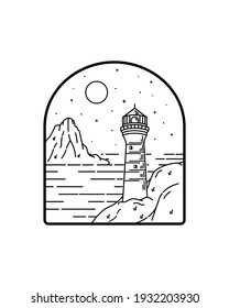 illustration of lighthouse and sky with stars in mono line art, Abstract vector illustration, T-Shirt Art, Design Vector