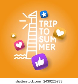 Illustration with lighthouse, summer travel, star and waves on a yellow background in linear style