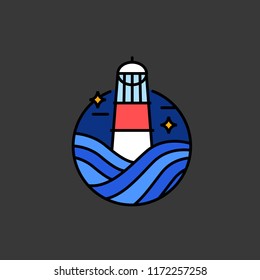 illustration with lighthouse and waves on dark background
