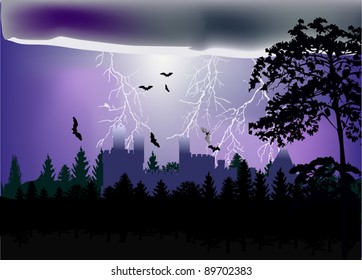 illustration with lightning above castle in forest