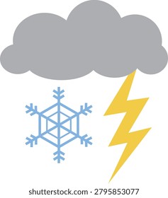 An illustration of lightning, dark clouds, and snowflakes