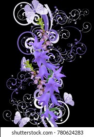 illustration with lilac bellflowers composition isolated on black background