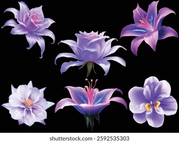 illustration with lilac flowers blooms on black background