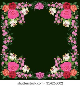 illustration with lilac flowers frame isolated on dark background