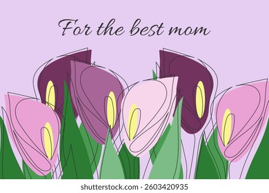 Illustration with lilac vector calla lilies. Mother's day card, poster, banner, flyer. Vector drawing.