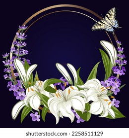 Illustration with lilies and lavender.Vector illustration with a bouquet of white lilies and lavender on a colored background with a golden frame.