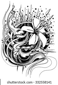 Illustration with lily in doodle style isolated on white background. Black and white drawing. Can be used as a standalone illustration, design element, Coloring book, postcards.