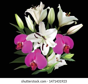 illustration with lily and orchid flowers bunch isolated on black background