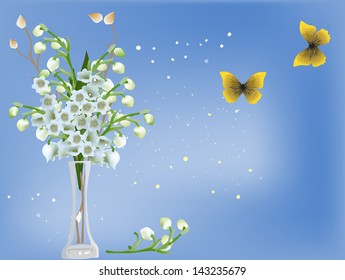 illustration with lily-of-the-valley bouquet and yellow butterflies