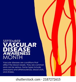 Ilustración de las extremidades de una pierna y sus venas con texto en negrita y oraciones en un fondo azul oscuro para conmemorar el Mes de Concienciación sobre Enfermedades Vasculares en setiembre