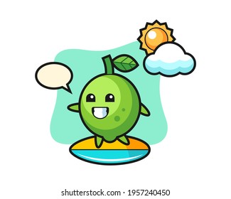Illustration of lime cartoon do surfing on the beach, cute style design for t shirt, sticker, logo element